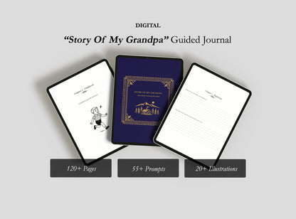 Digital 'Story Of My Grandpa' guided journal with cover and pages displayed on a light gray background.