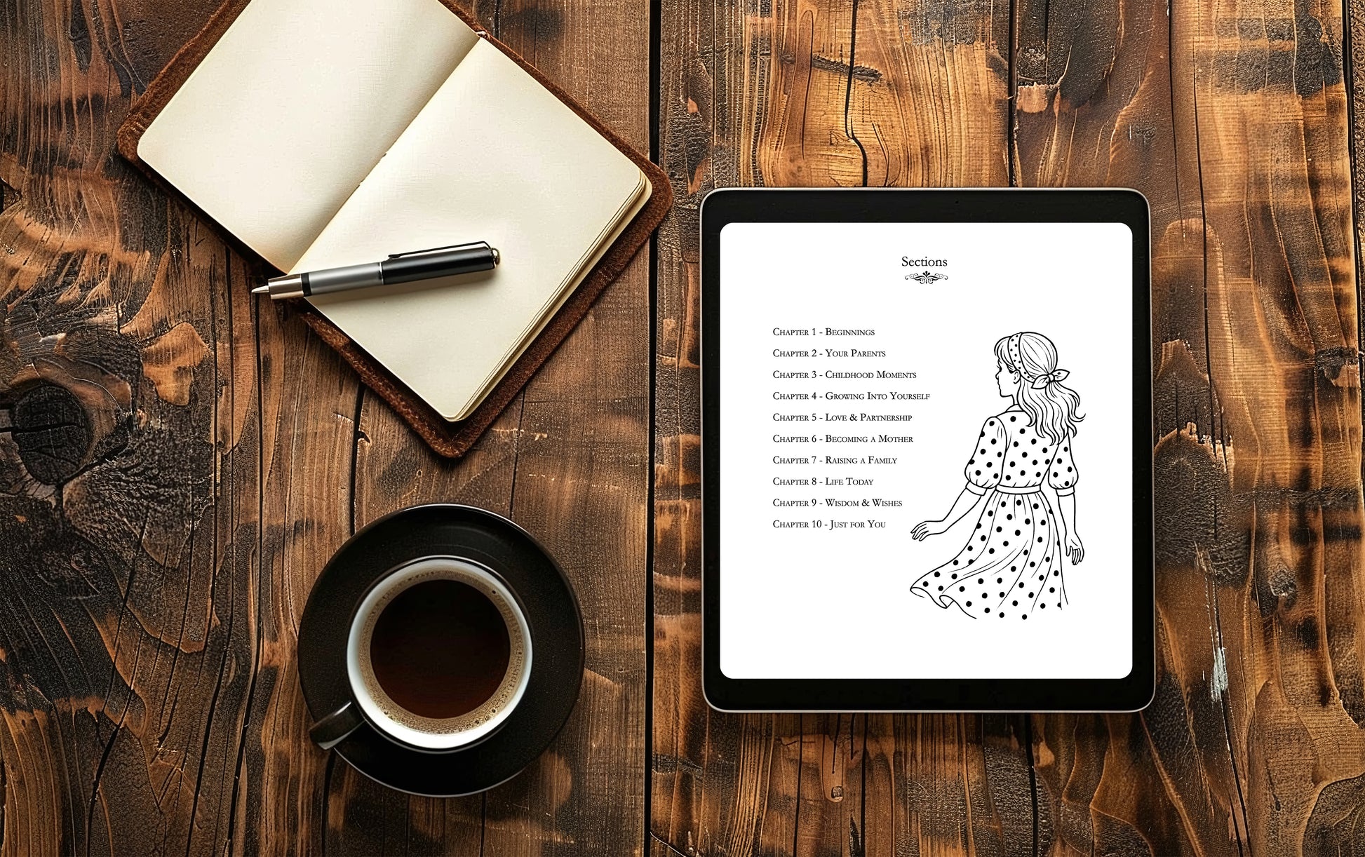 Tablet displaying a digital guided memory book on a wooden surface with pen, and coffee cup.