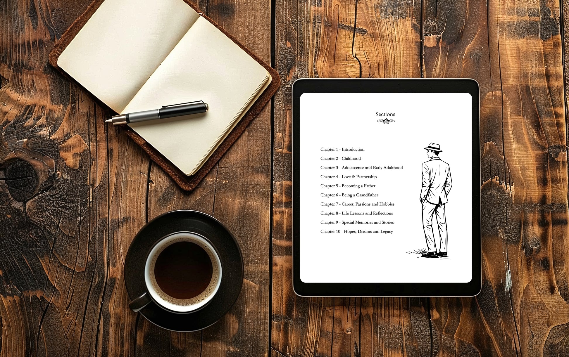 Tablet displaying a book cover on a wooden table with a notebook, pen, and coffee cup.