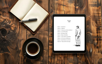 Tablet displaying a book cover on a wooden table with a notebook, pen, and coffee cup.