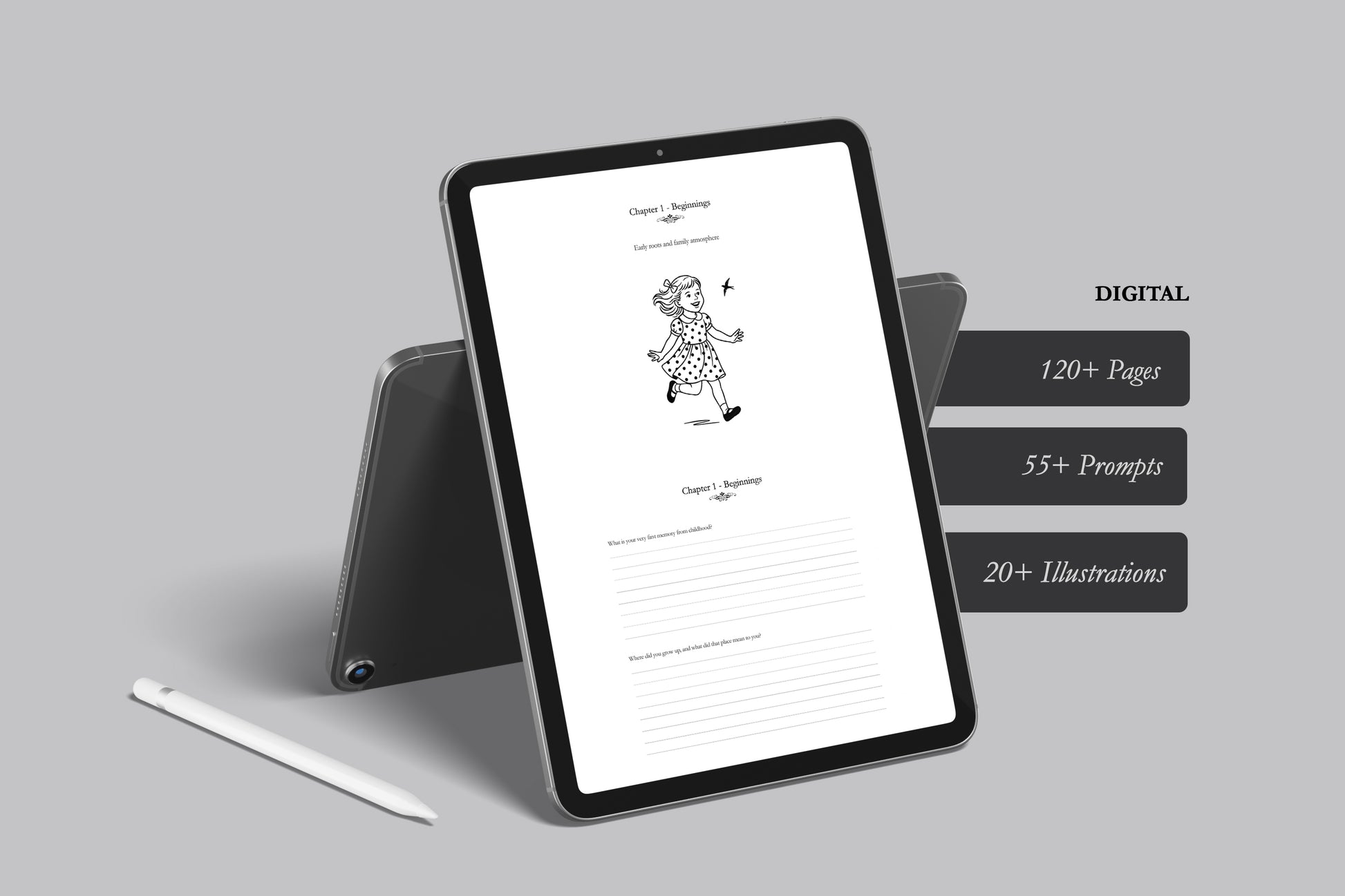 Tablet displaying a digital guided memory book with illustrations on a gray background