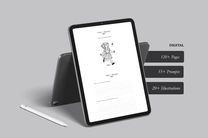 Tablet displaying a digital guided memory book with illustrations on a gray background