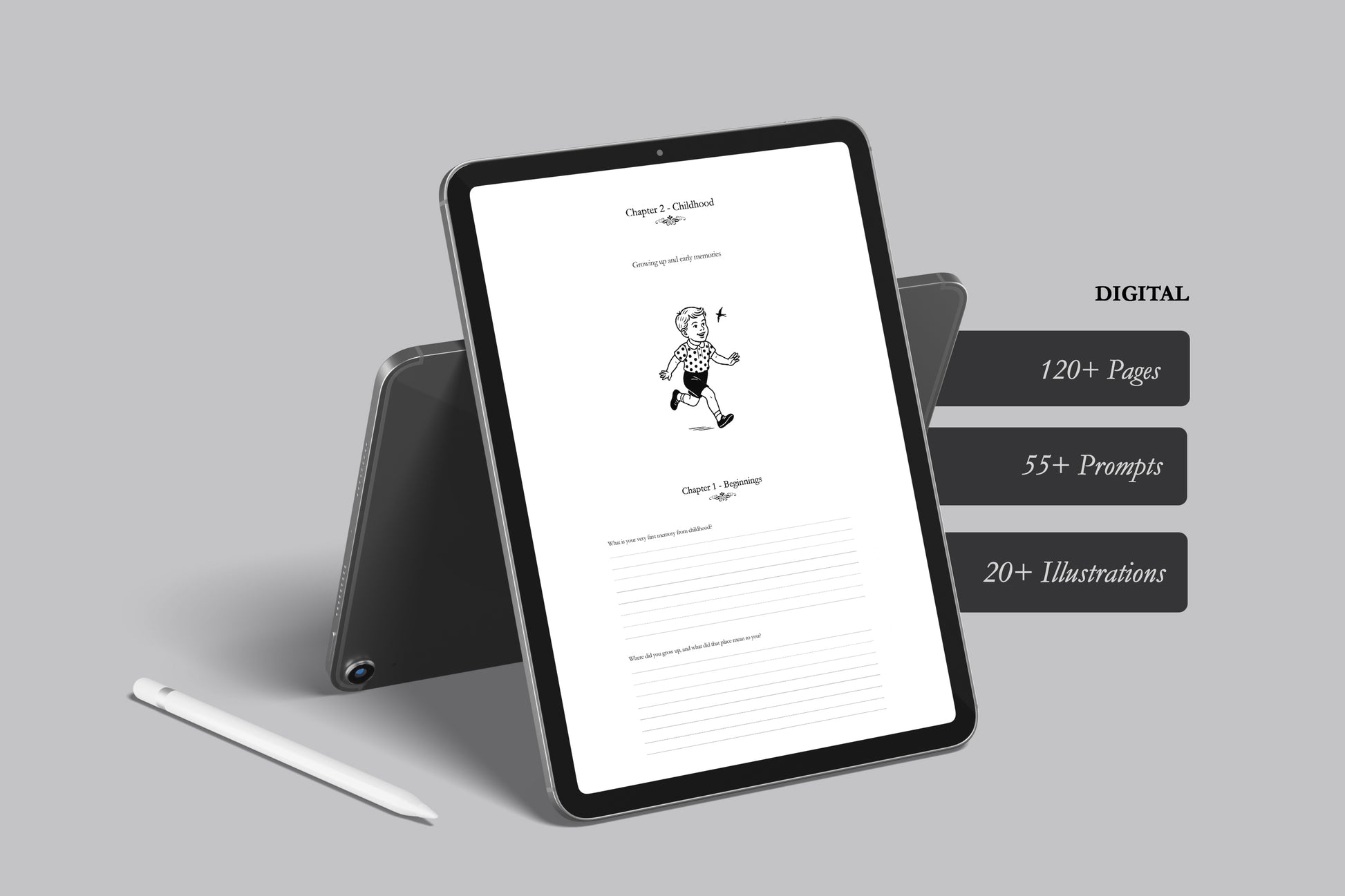 Tablet displaying a digital guided memory book and graphics on a gray background