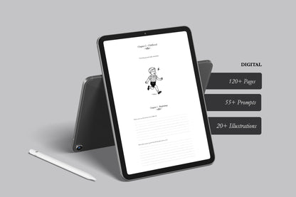 Tablet displaying a digital guided memory book and graphics on a gray background