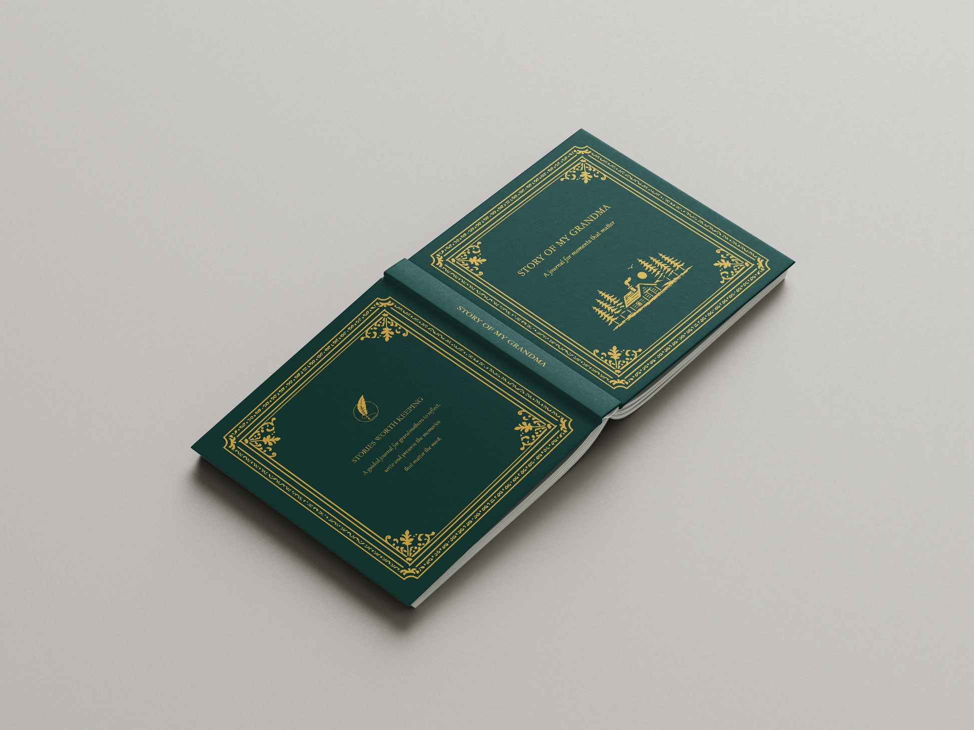 front and back cover of journal with gold embossed designs on a gray background