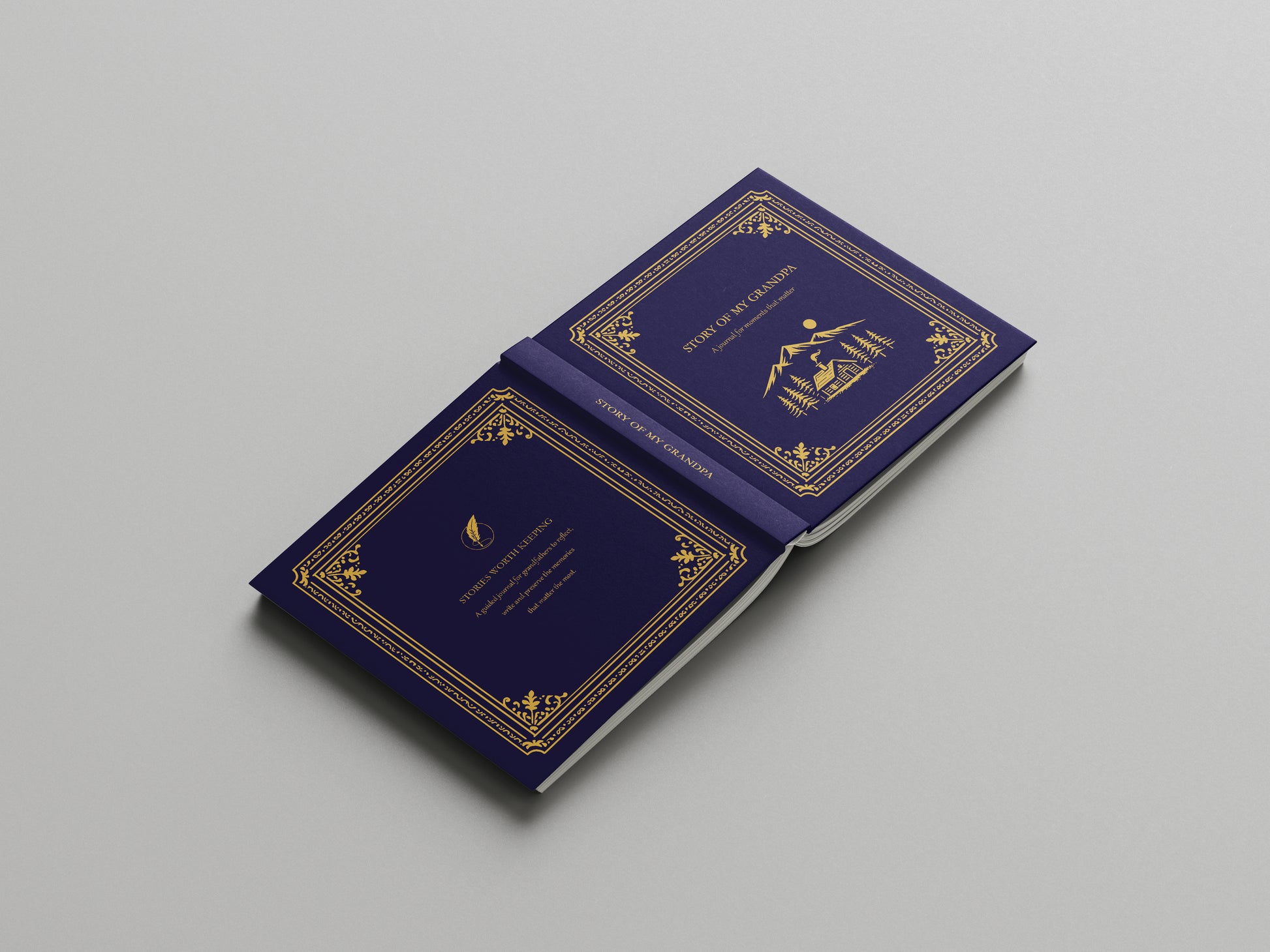 front and back cover of blue books with gold embossed designs on a gray background