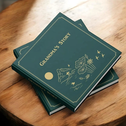 Green book titled 'Grandma's Story' on a wooden surface