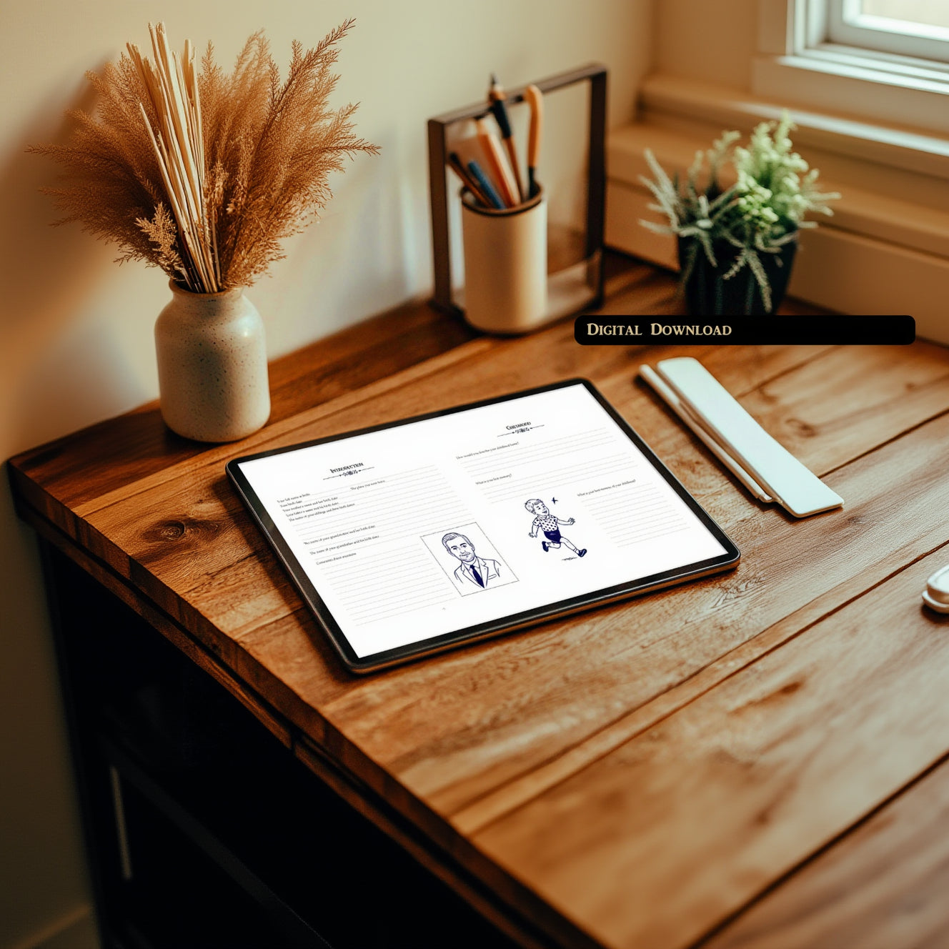 Tablet displaying a digital download on a wooden desk with decorative items.