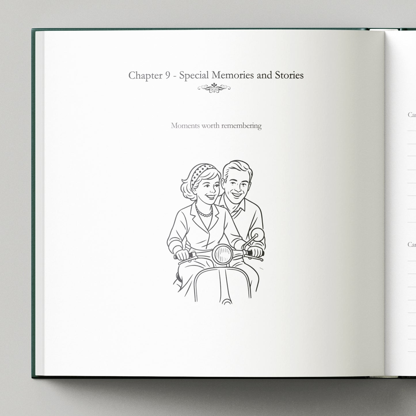 Book open to a page titled 'Special Memories and Stories' with an illustration of a couple on a motorcycle.