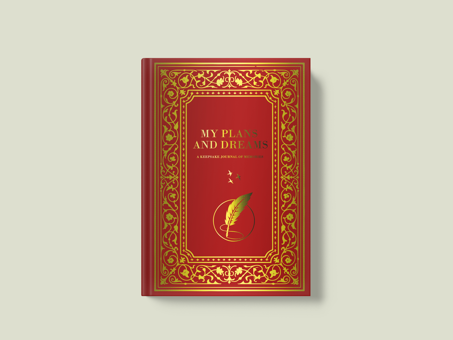 Red book with gold decorative elements on a beige background