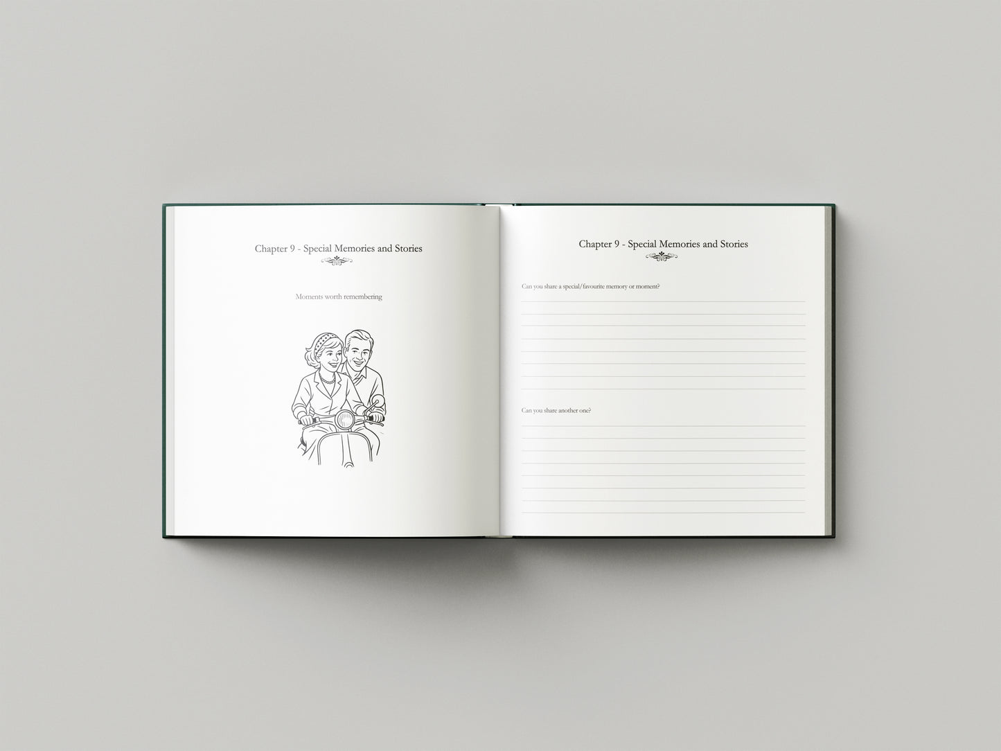 Open book with a black and white illustration on a gray background