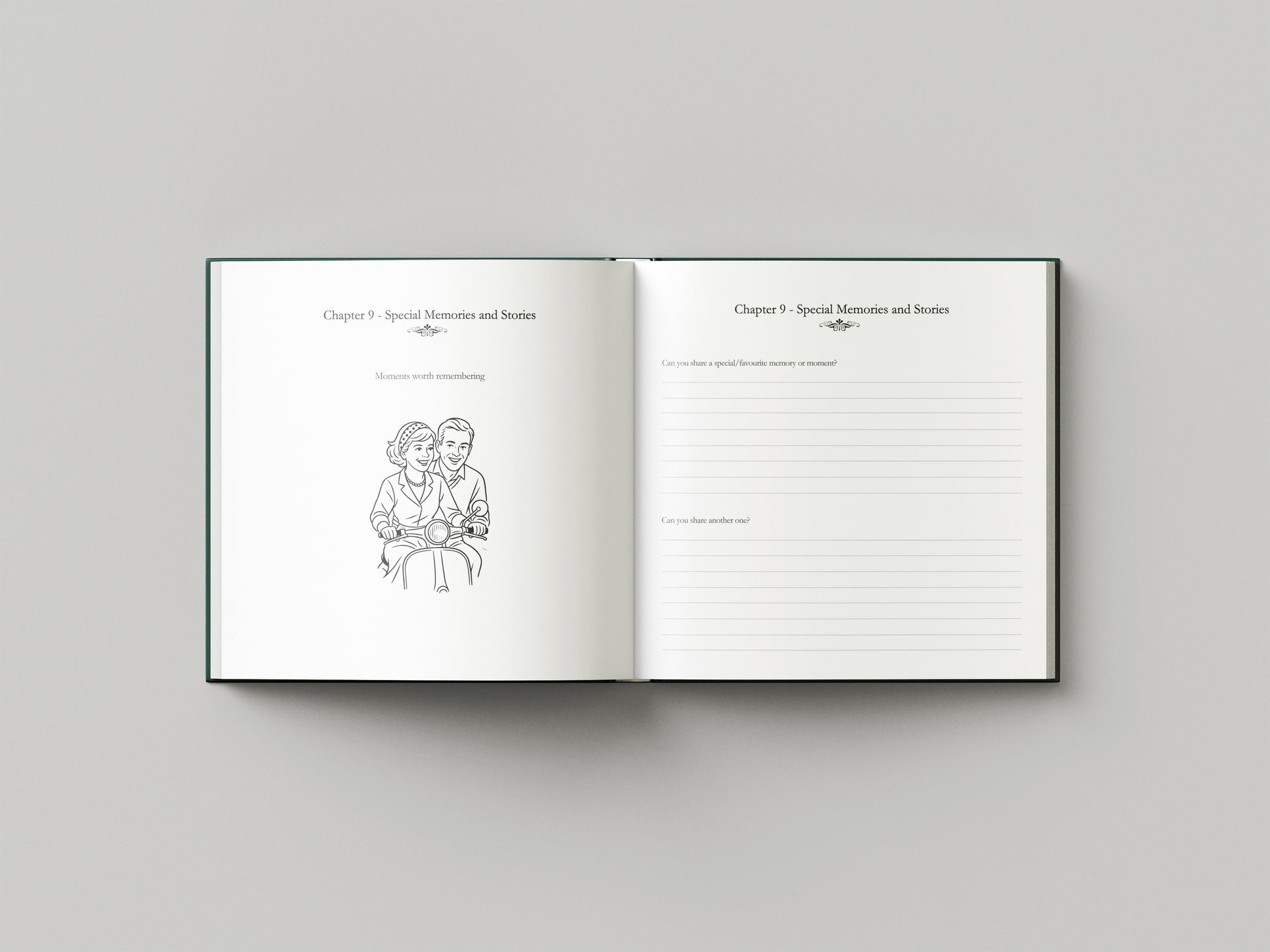 Open book with a black and white illustration on a gray background