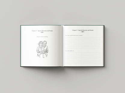 Open book with a black and white illustration on a gray background