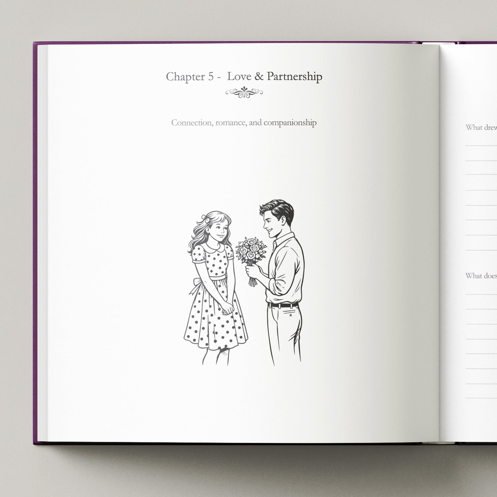 Open book with a illustration of a couple on a white background
