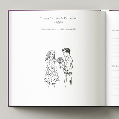 Open book with a illustration of a couple on a white background