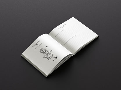 Open book with a black and white illustration of a child on a dark background