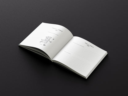 Open notebook with lined pages on a dark background
