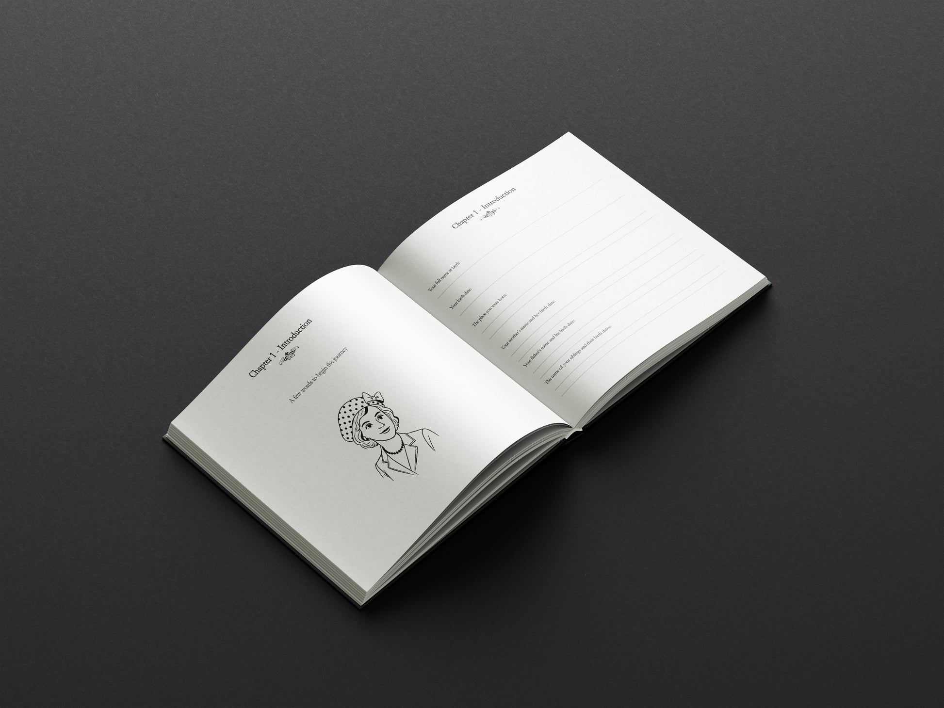 Open notebook with a minimalist design on a dark background