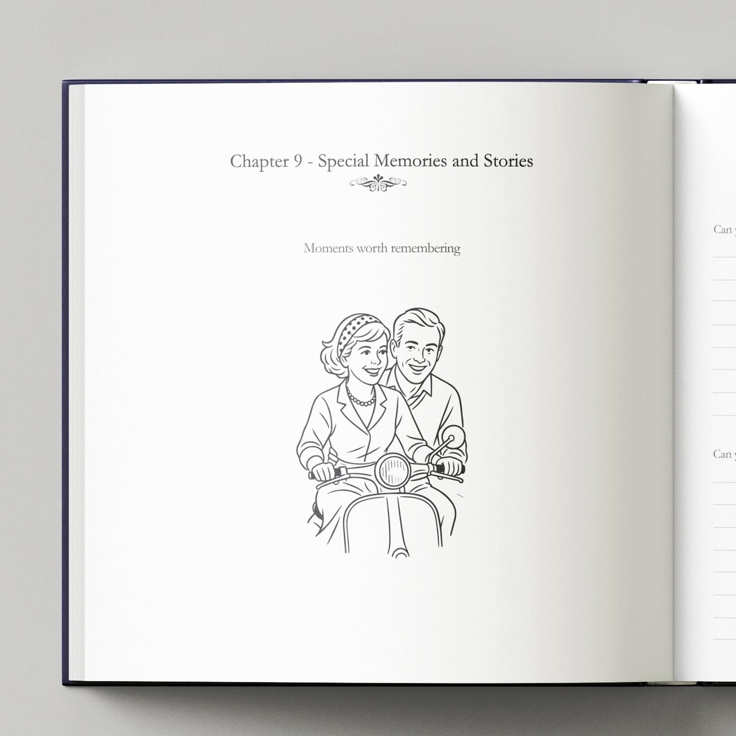 Open book with a line drawing of a couple on a motorcycle and text about special memories.