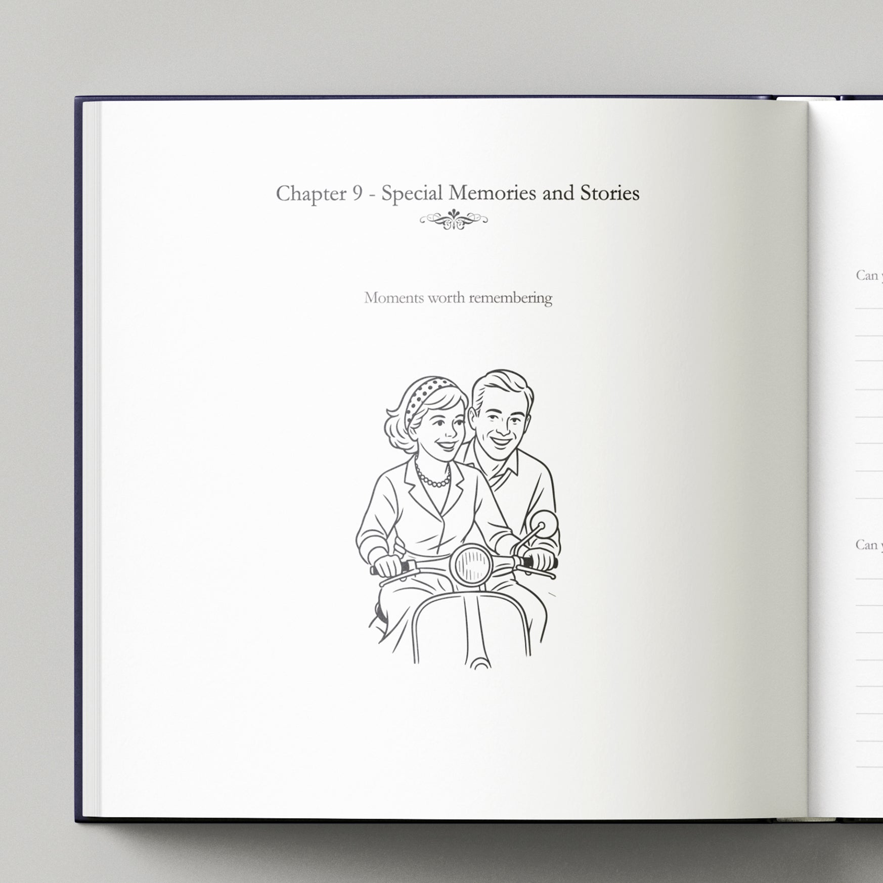 Open book with a line drawing of a couple on a motorcycle and text about special memories.