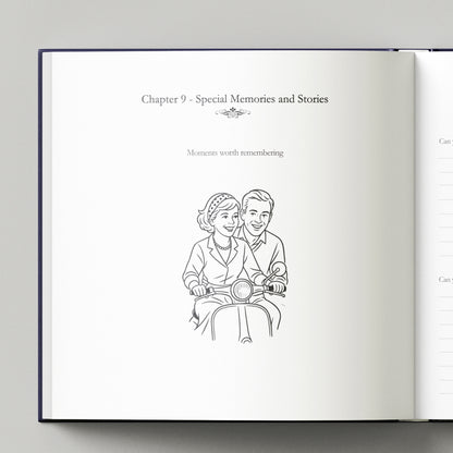 Open book with a line drawing of a couple on a motorcycle and text about special memories.