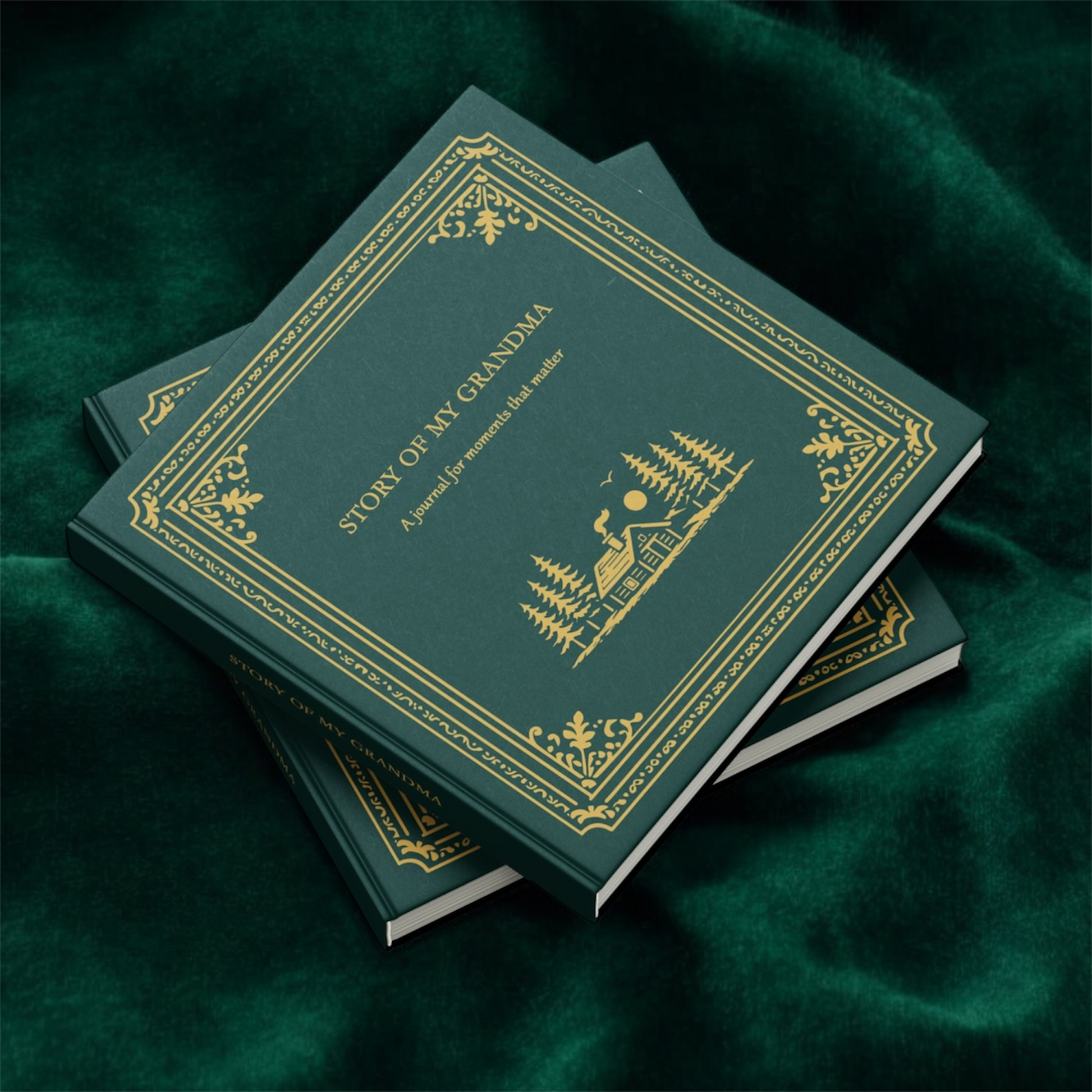 Two green books with gold embossed text and design on a green fabric background