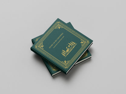Stack of green books with gold embossed design on a gray background