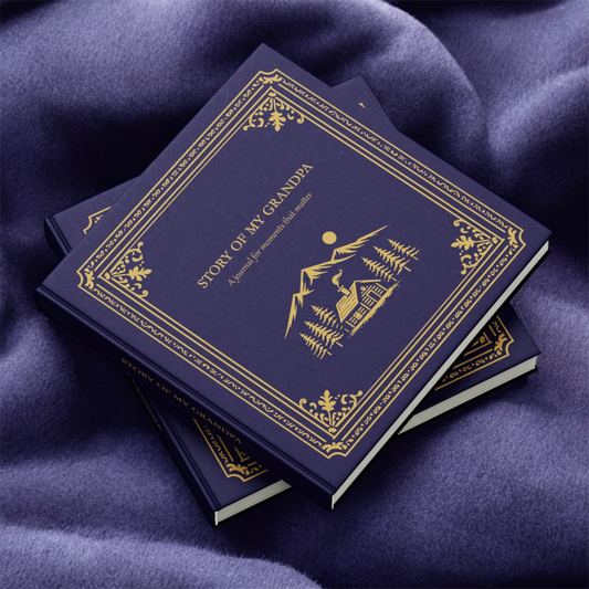 Blue books with gold embossed text and design on a purple fabric background