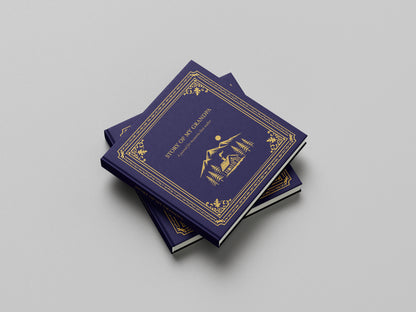 Stack of blue books with gold embossed design on a gray background