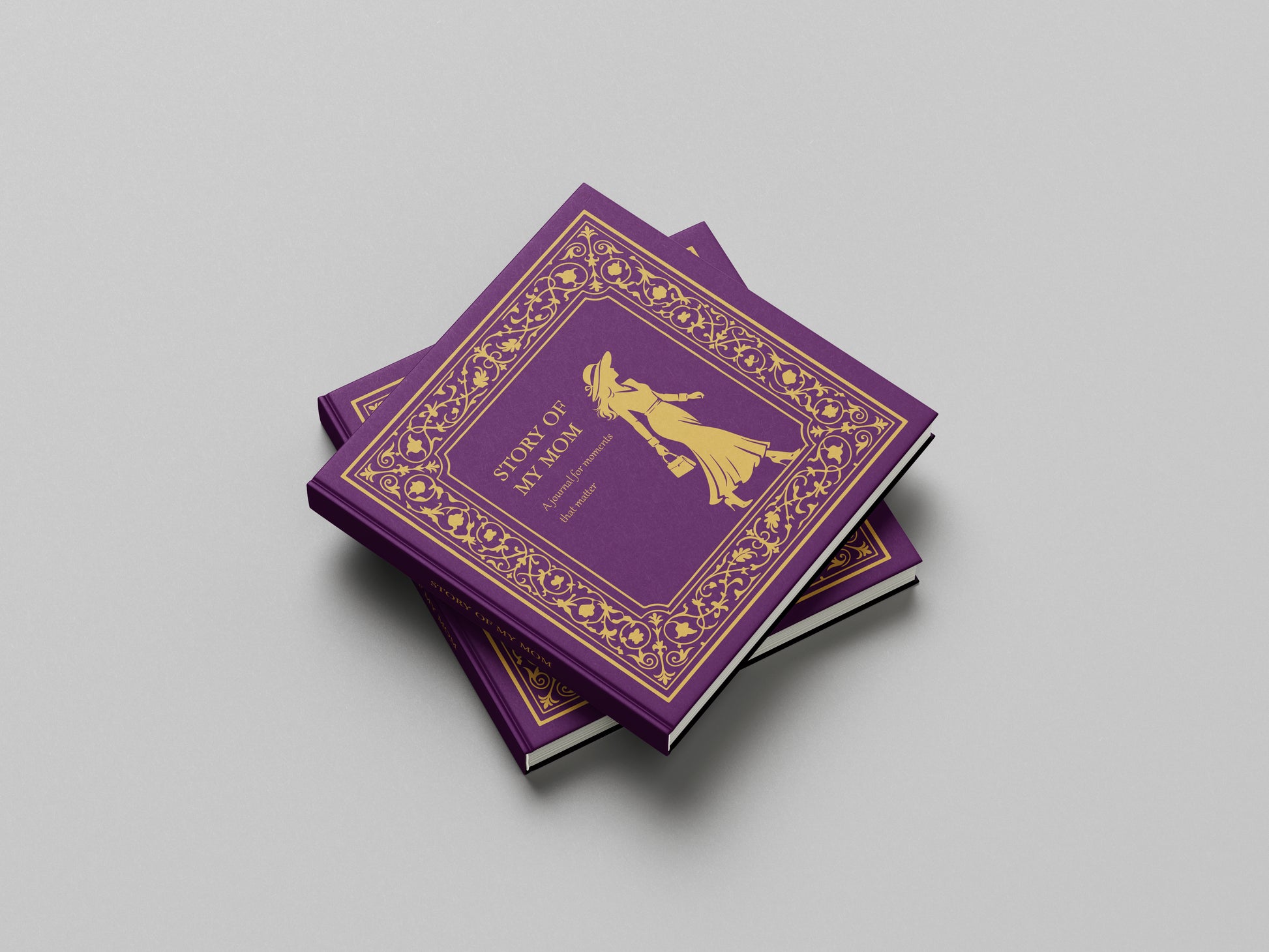 Purple books Stpry of My Mom with gold design on a gray background
